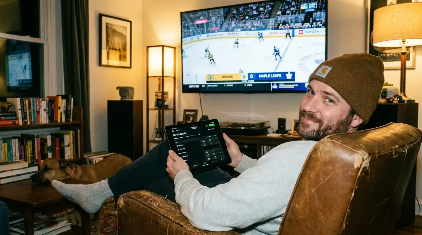Person comparing promotional offers on a tablet while watching ice hockey
