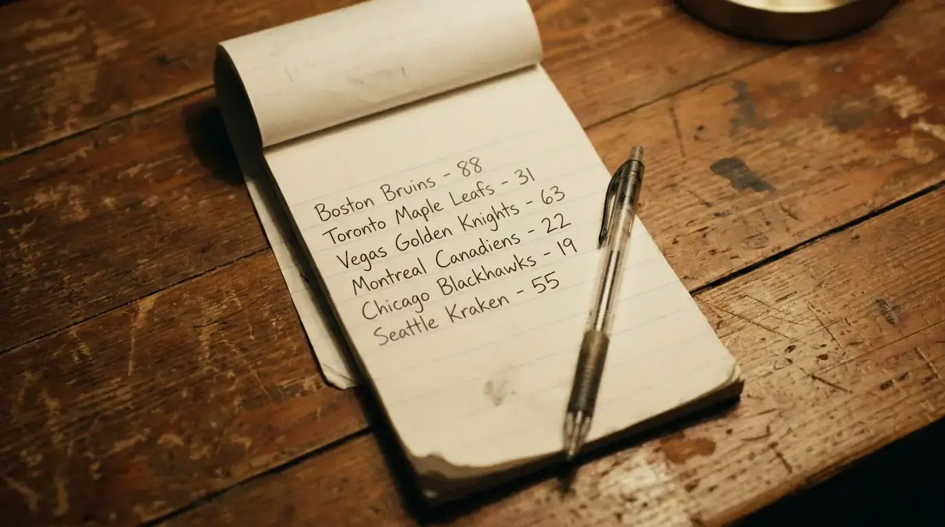 Notepad with a list of hockey betting selections next to a pen