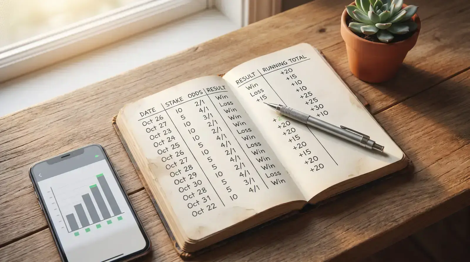 Notebook with bankroll tracking entries and stake calculations