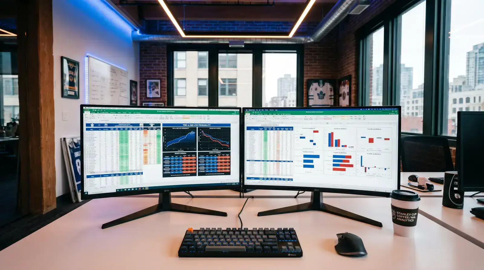 Odds compiler workstation with multiple screens showing NHL team data and pricing models