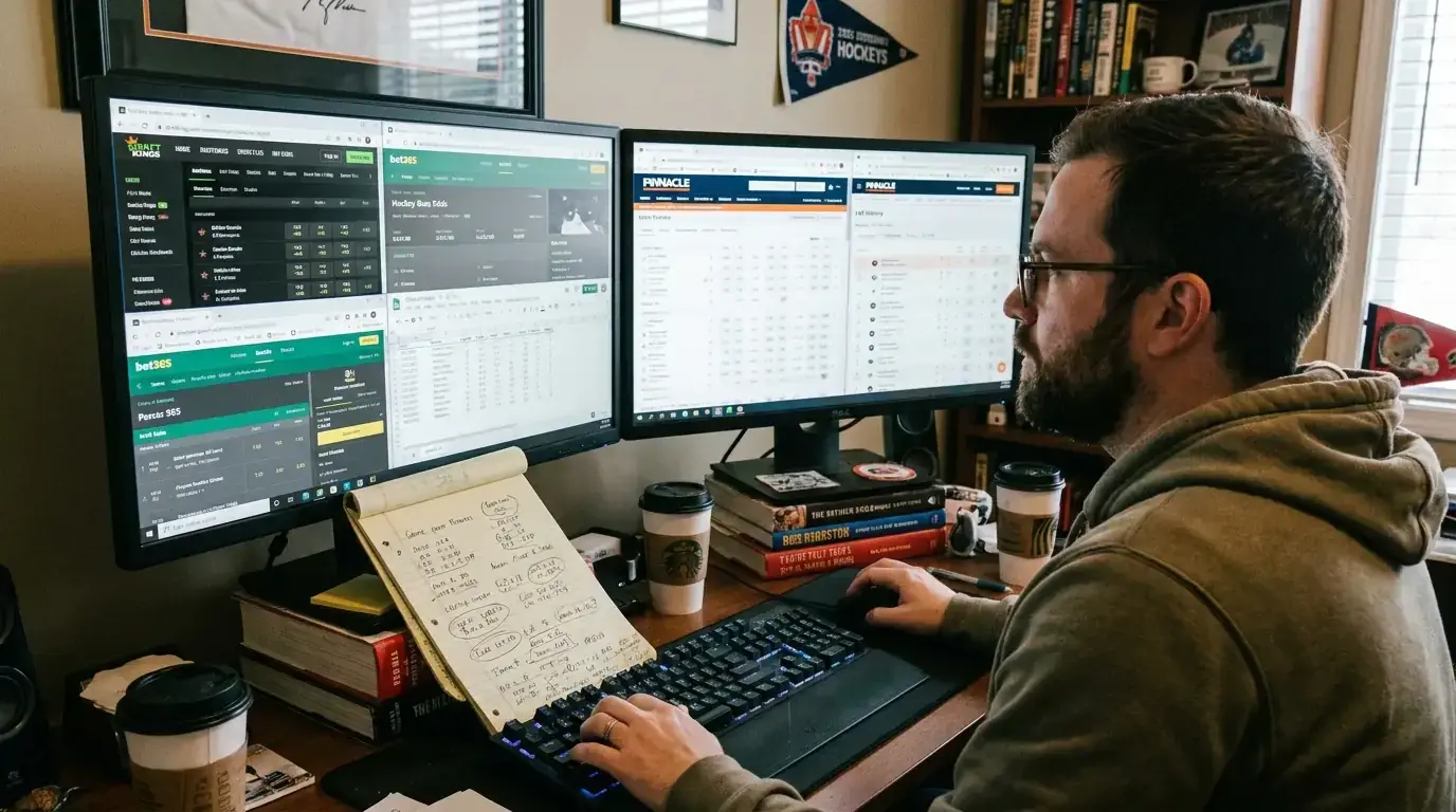 Person analysing hockey betting lines on a desktop computer screen