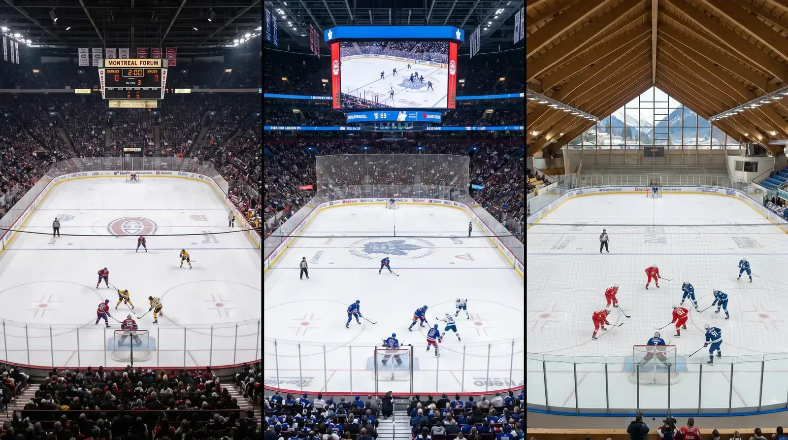 Multiple NHL arenas shown in a split view representing different game locations