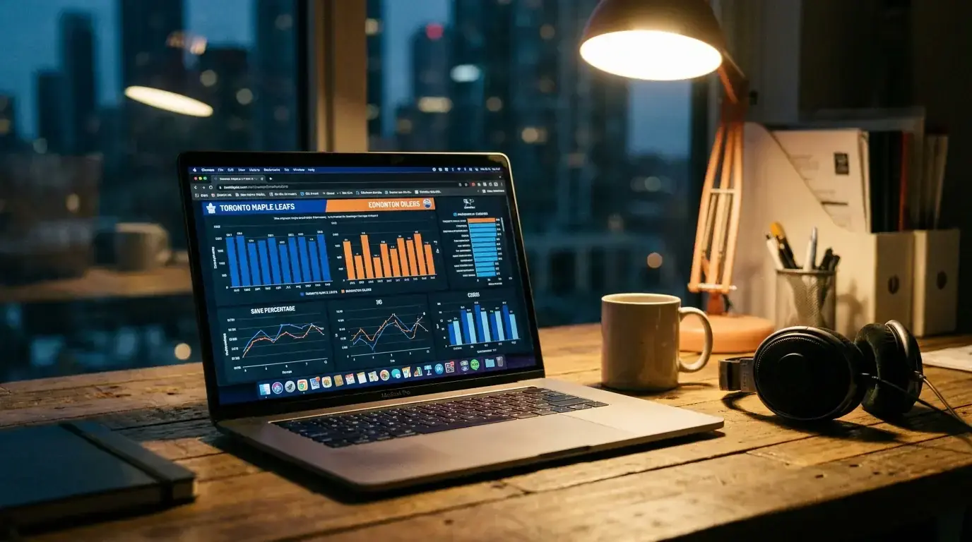 Ice hockey analytics workspace with Corsi and expected goals data on a laptop screen