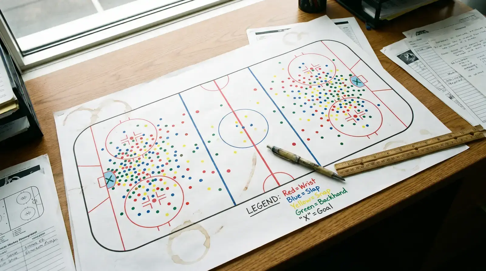 Ice hockey rink diagram showing shot attempt locations used to calculate Corsi and expected goals