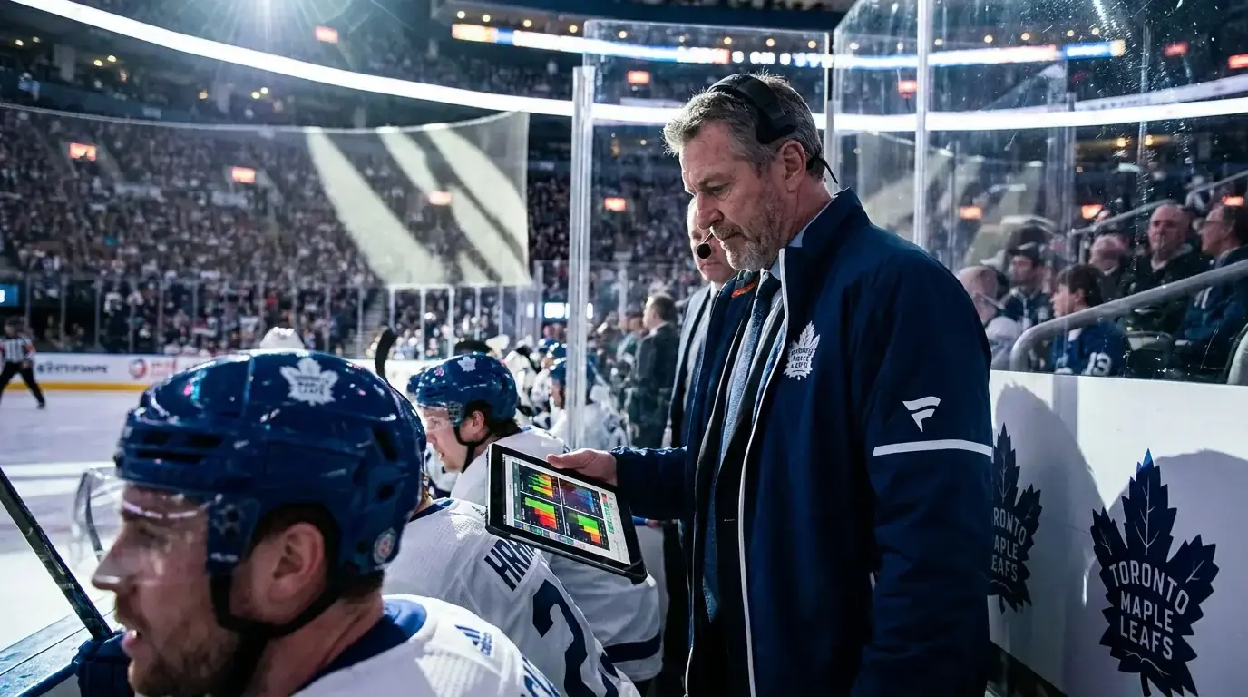 Hockey coach reviewing possession data on a tablet behind the bench