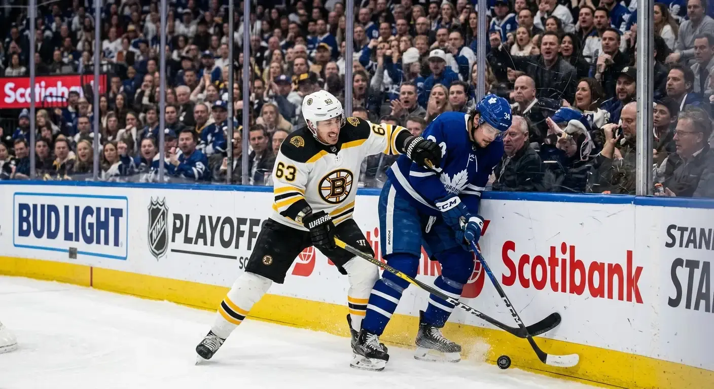 NHL playoff game with intense board battle between two players