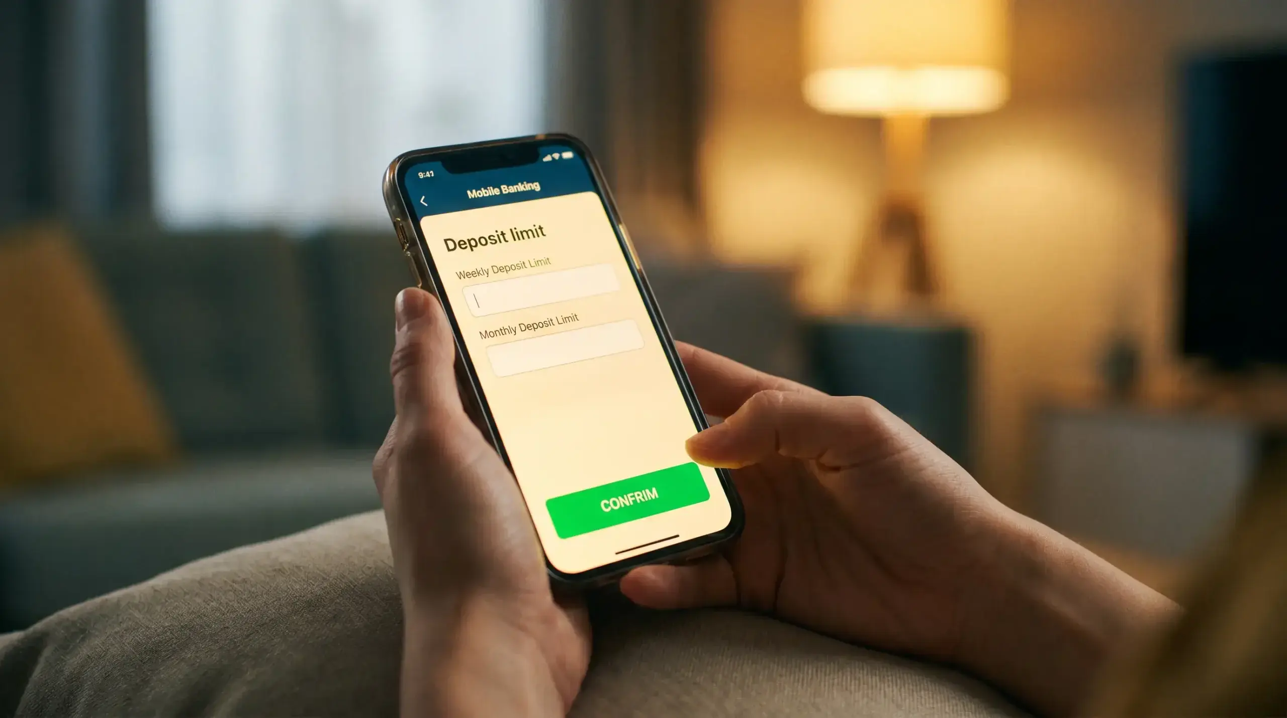 Mobile phone screen displaying deposit limit setup process on a UK bookmaker app