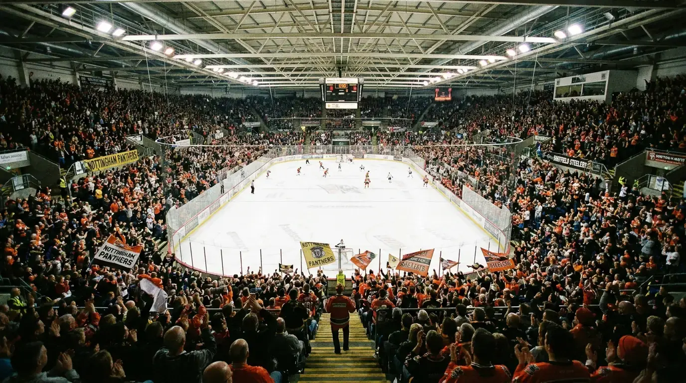 Record EIHL crowd filling every seat in a compact British arena creating an intense hockey atmosphere