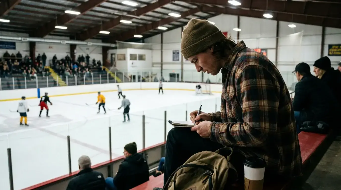 Person taking handwritten notes at an EIHL game with the ice visible below