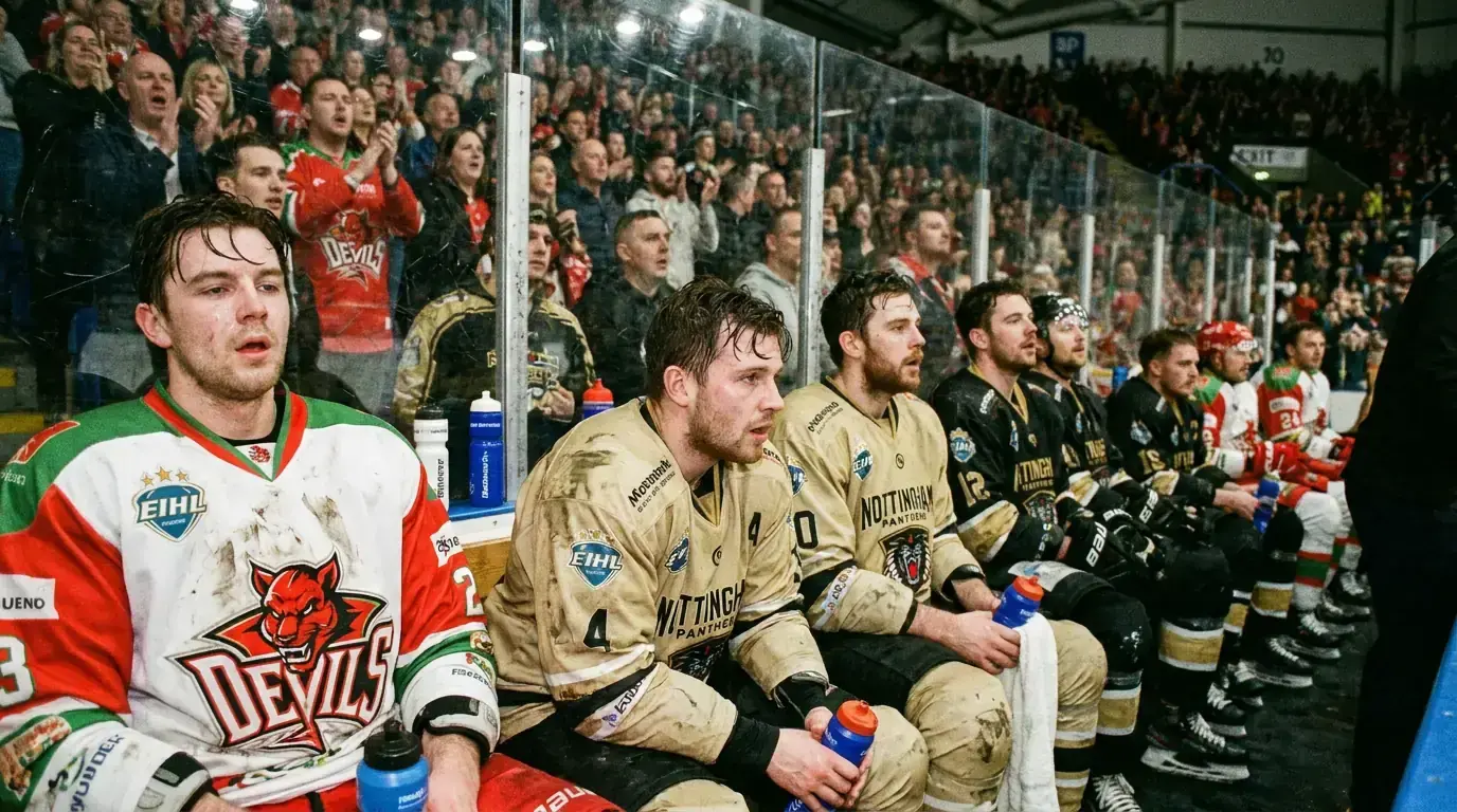 Tired ice hockey players on the bench during the second game of an EIHL weekend double-header