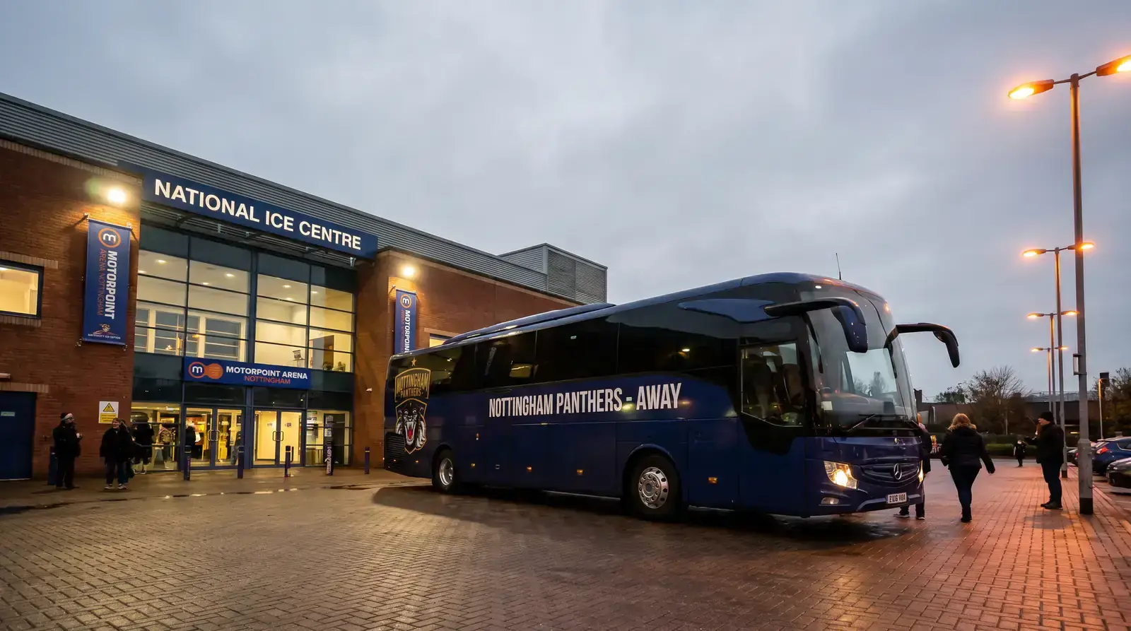 EIHL team bus parked outside a UK ice arena before an away game