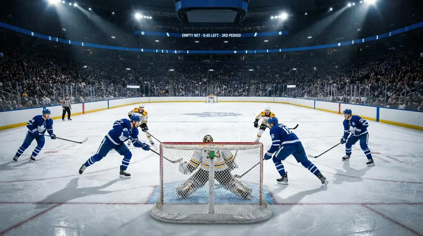 Hockey team skating six-on-five with the goaltender pulled near the end of a game