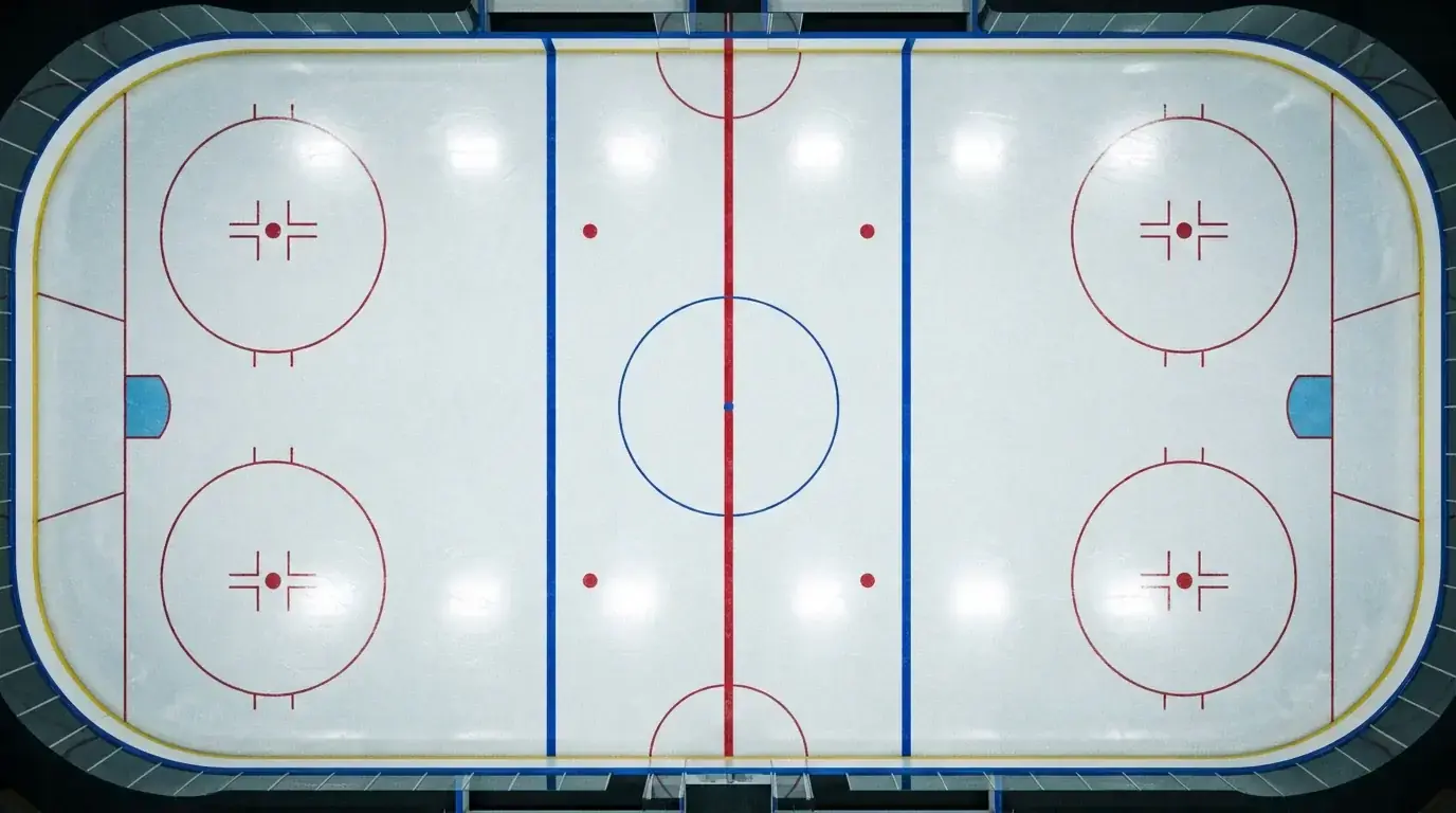 Ice hockey rink viewed from above showing different shooting zones marked by colour