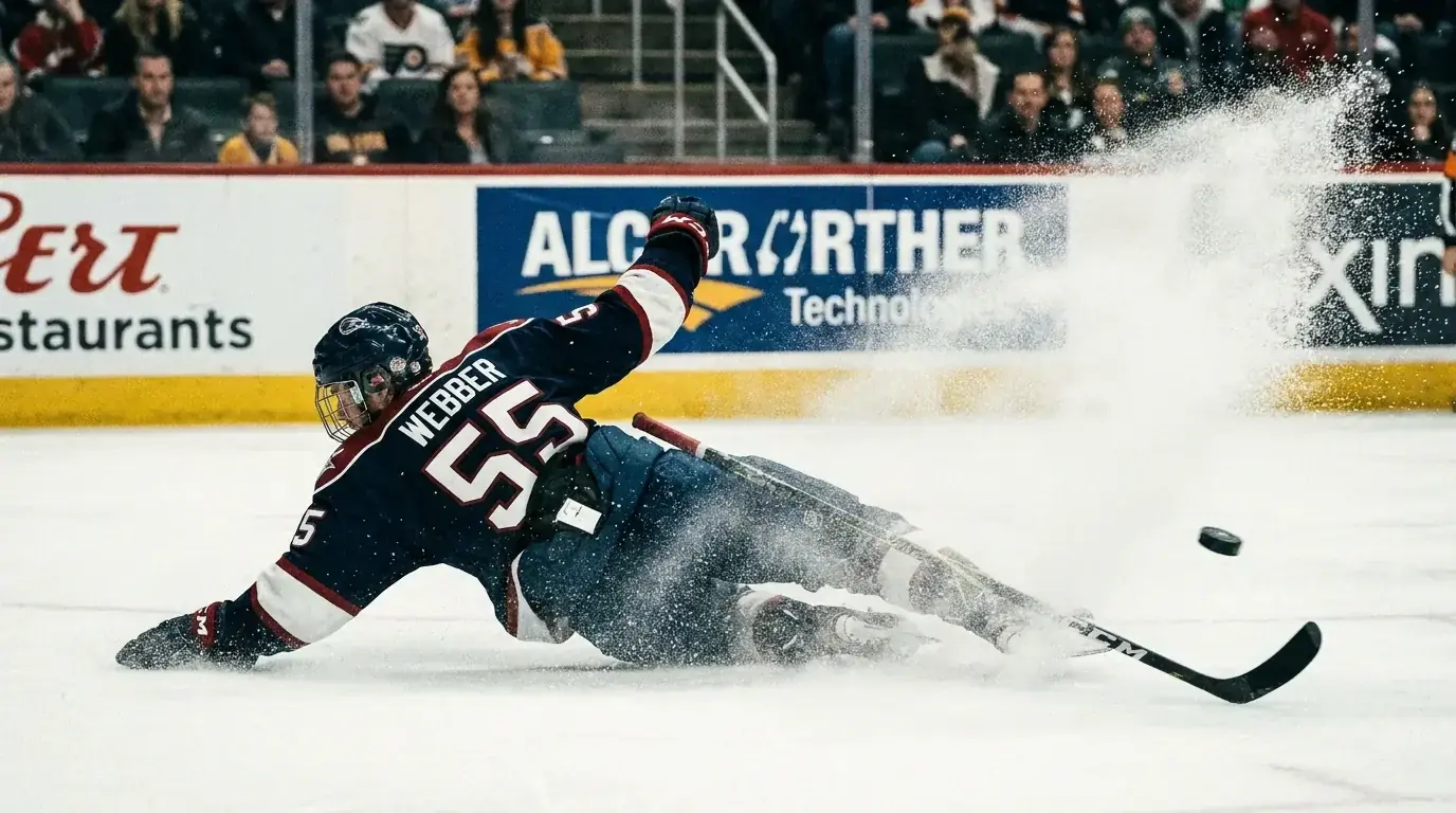 Defenceman sliding to block a shot during an NHL game