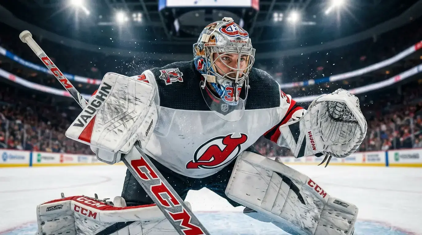 NHL goaltender in full gear tracking the puck during a crucial game moment