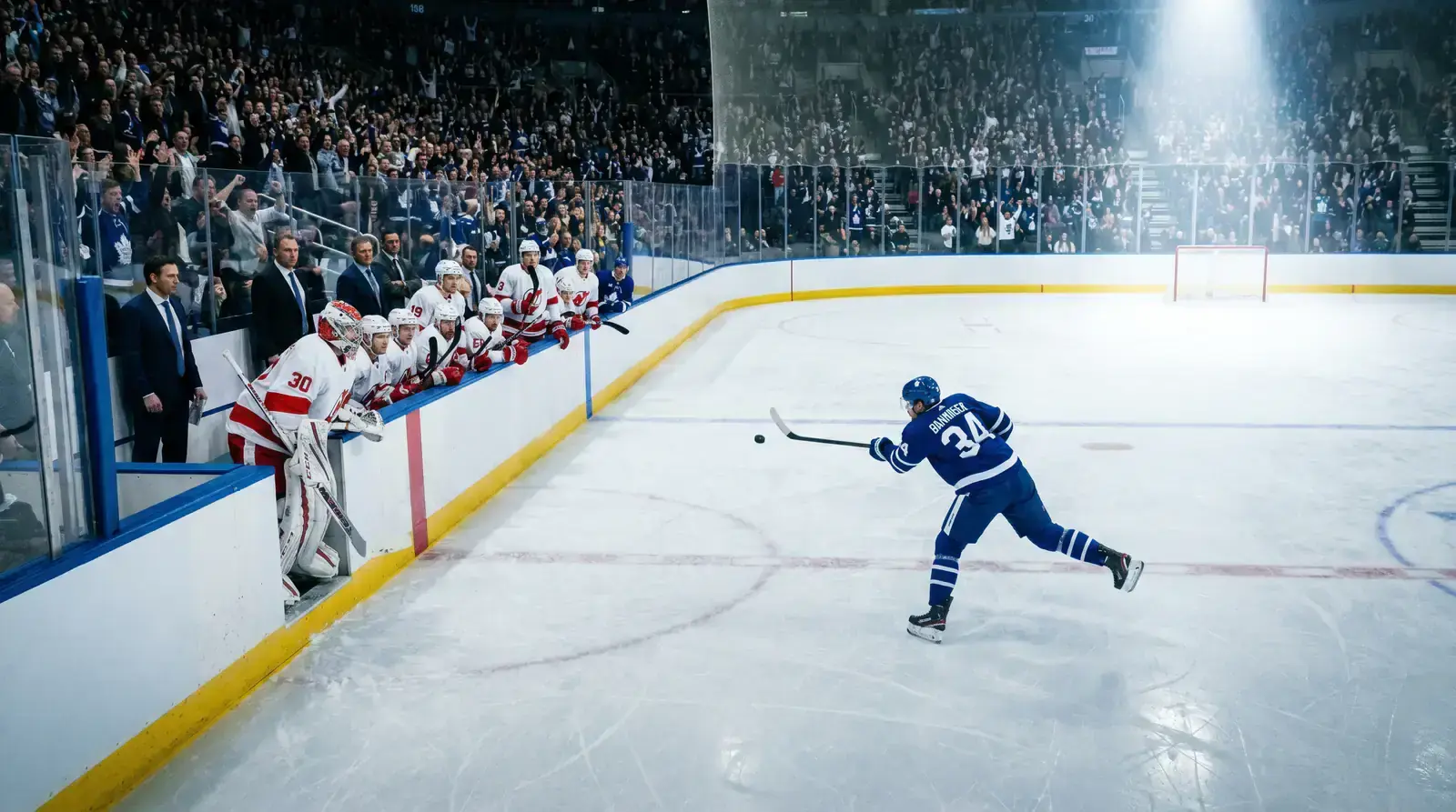 NHL player shooting at an empty net after the opposing goalie has been pulled for an extra attacker
