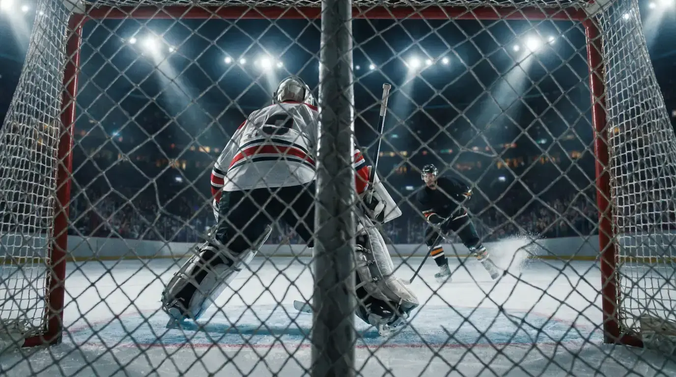 Goaltender standing tall in the crease ready to face a breakaway