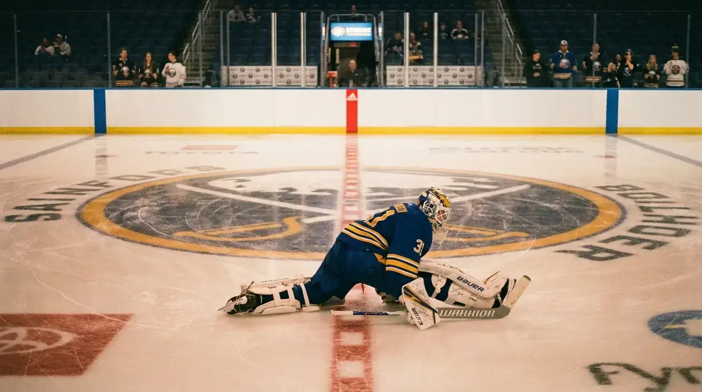 Goaltender stretching during pre-game warmup at centre ice