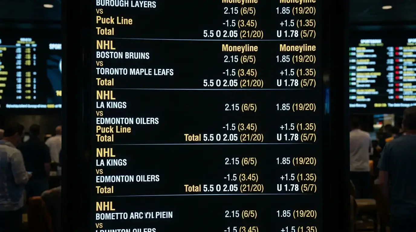 Sportsbook odds board displaying decimal and fractional hockey betting lines