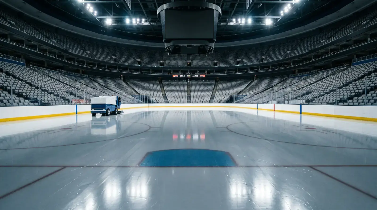 Empty hockey arena before a game with the ice freshly resurfaced