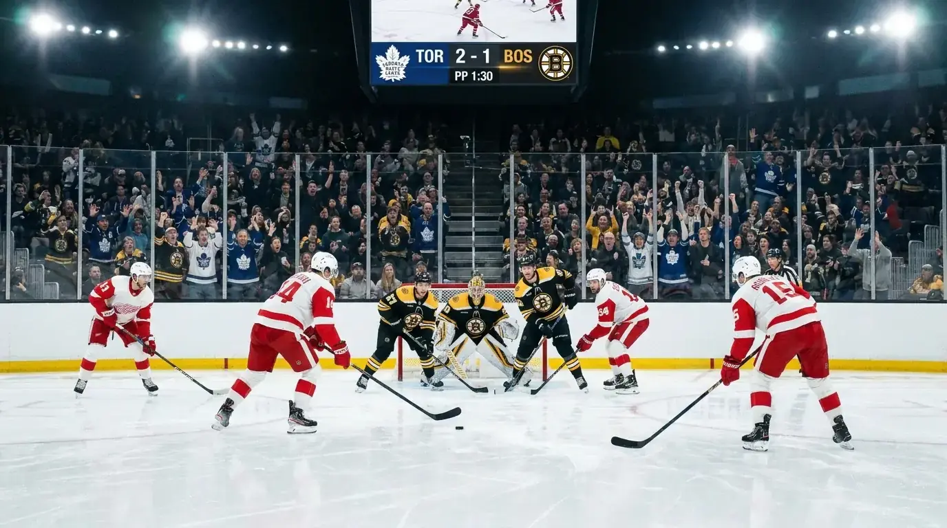 Ice hockey power play formation with the attacking team controlling the puck in the offensive zone