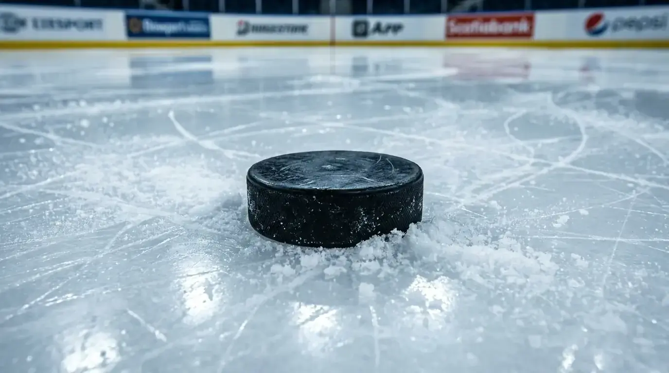 Ice hockey puck on fresh rink ice with skate marks visible around it