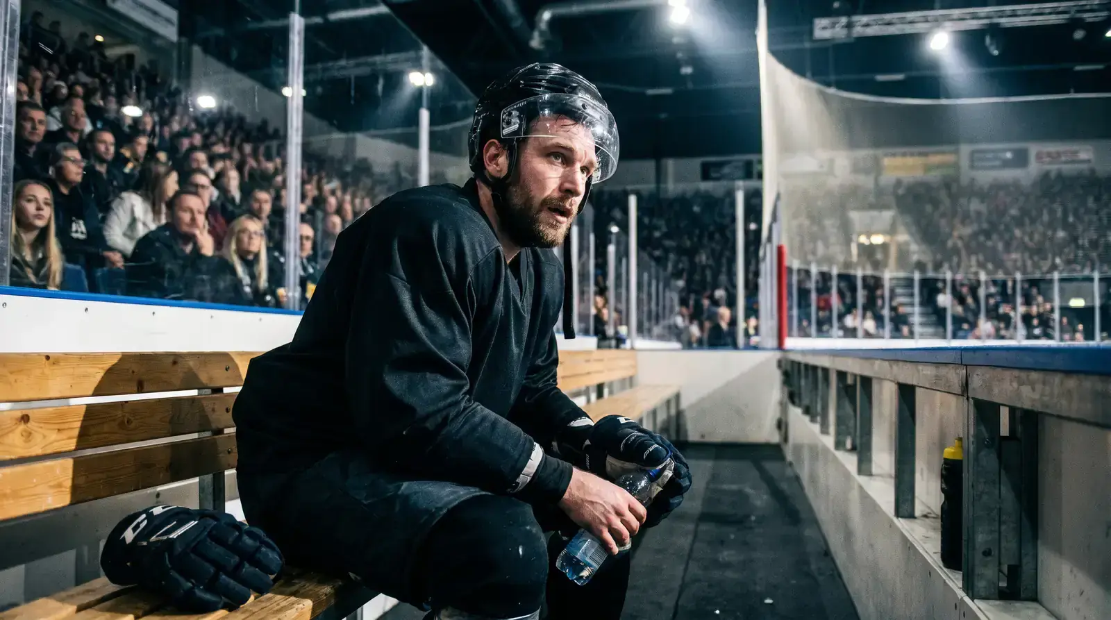 Fatigued NHL player resting on the bench during second night of back-to-back games