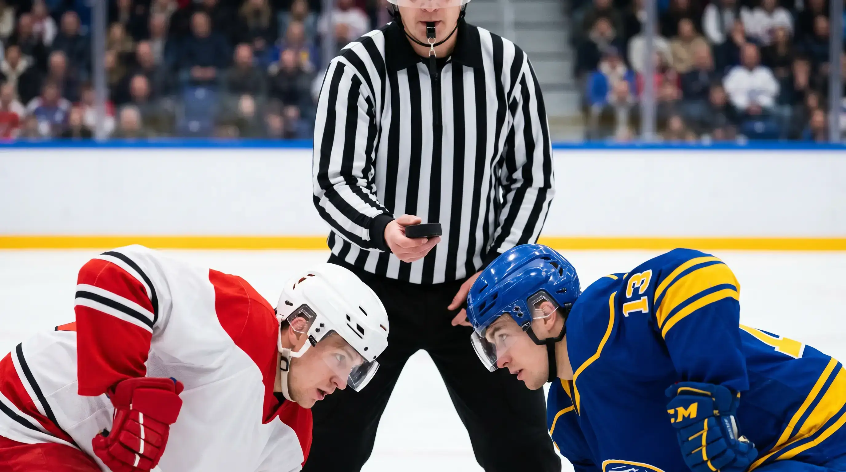 Ice hockey referee dropping the puck at a faceoff