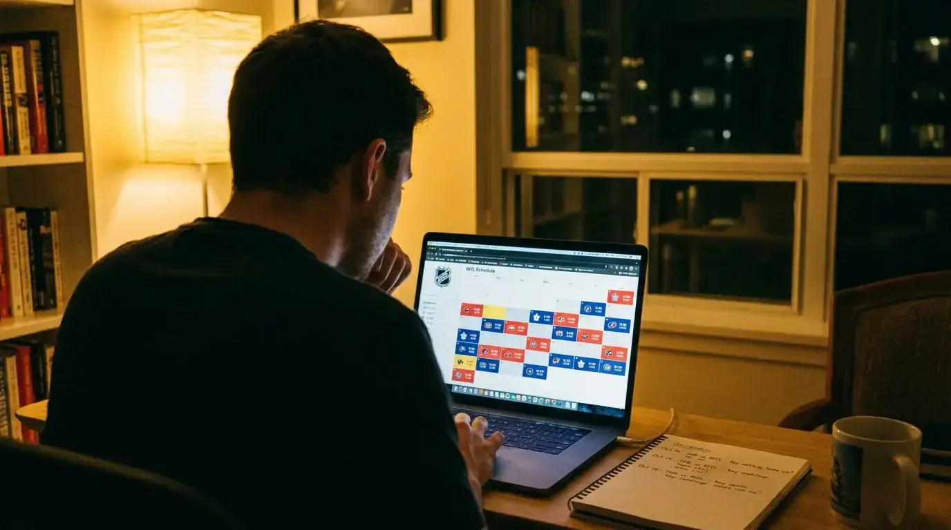 Bettor analysing NHL schedule density and travel data on a laptop screen