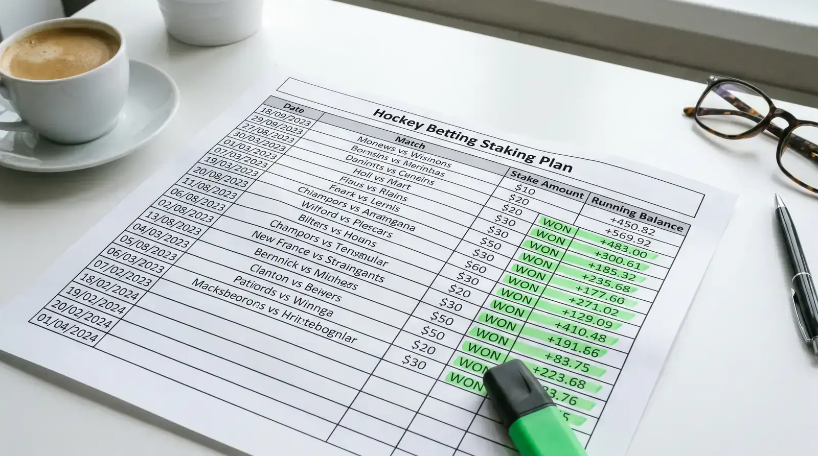 Detailed hockey betting staking plan displayed in a clean spreadsheet layout