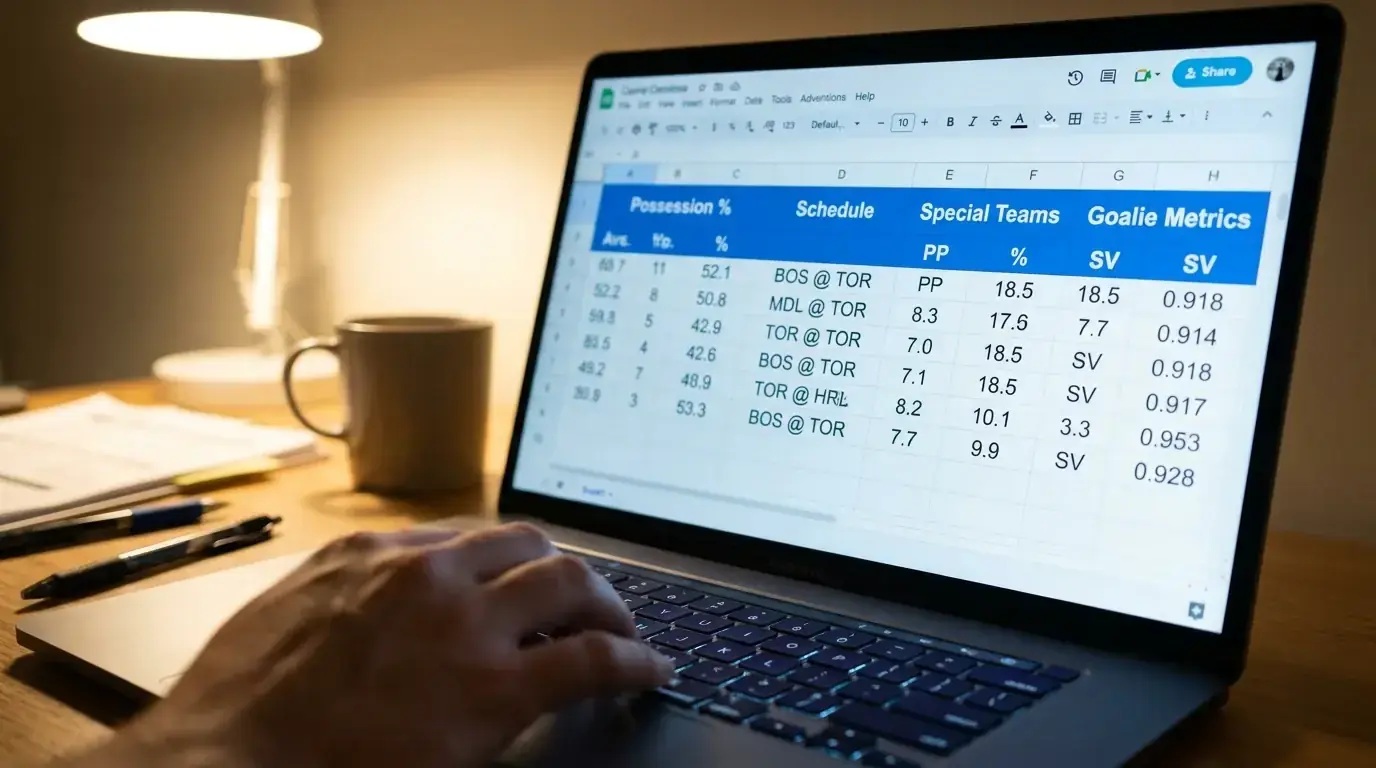 Laptop screen displaying a four-pillar NHL betting model with possession and schedule data
