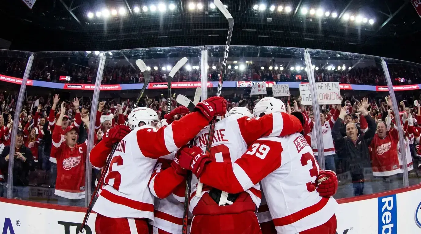 NHL home team players celebrating a goal in front of their home crowd