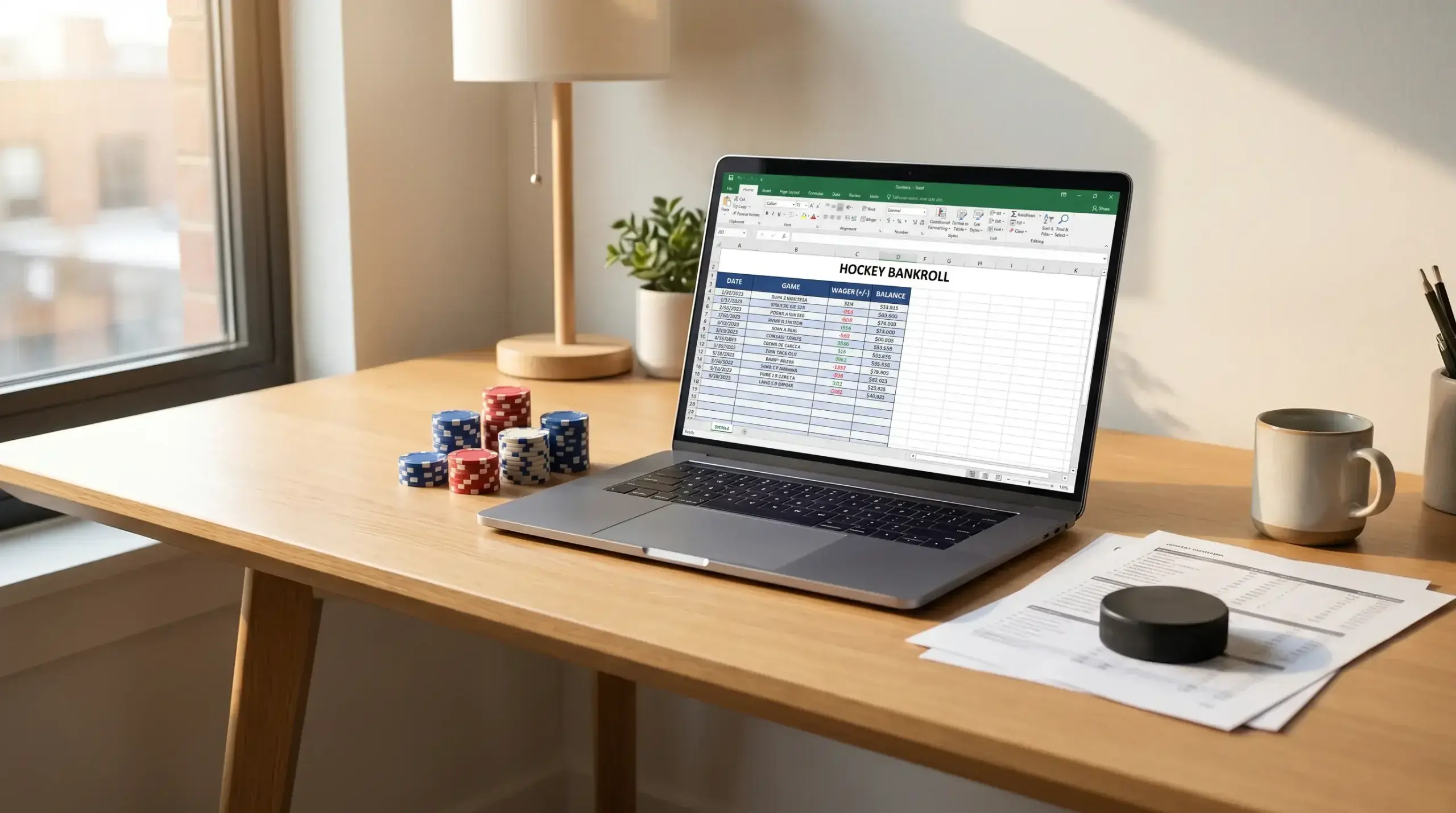 Bankroll management spreadsheet showing hockey betting stakes, drawdown limits and monthly tracking