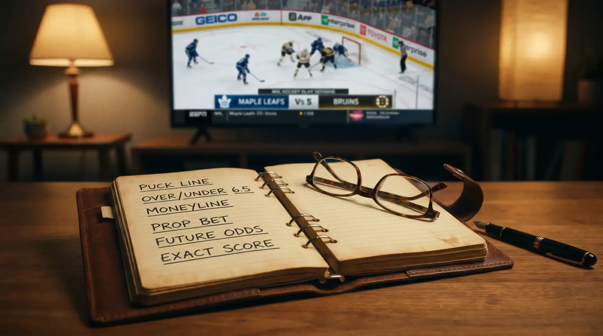 Open notebook with ice hockey betting terms listed alongside an NHL game on screen