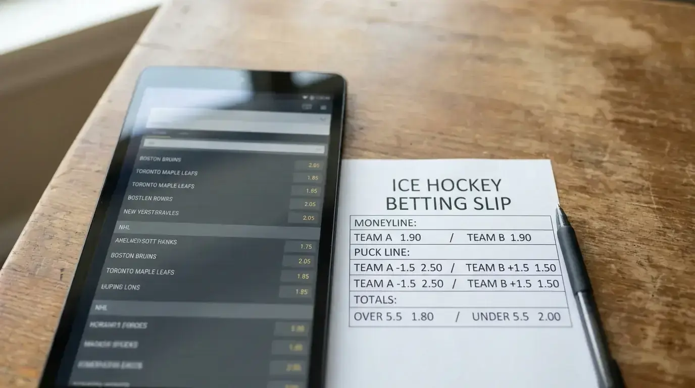 Ice hockey betting slip showing moneyline, puck line and totals markets