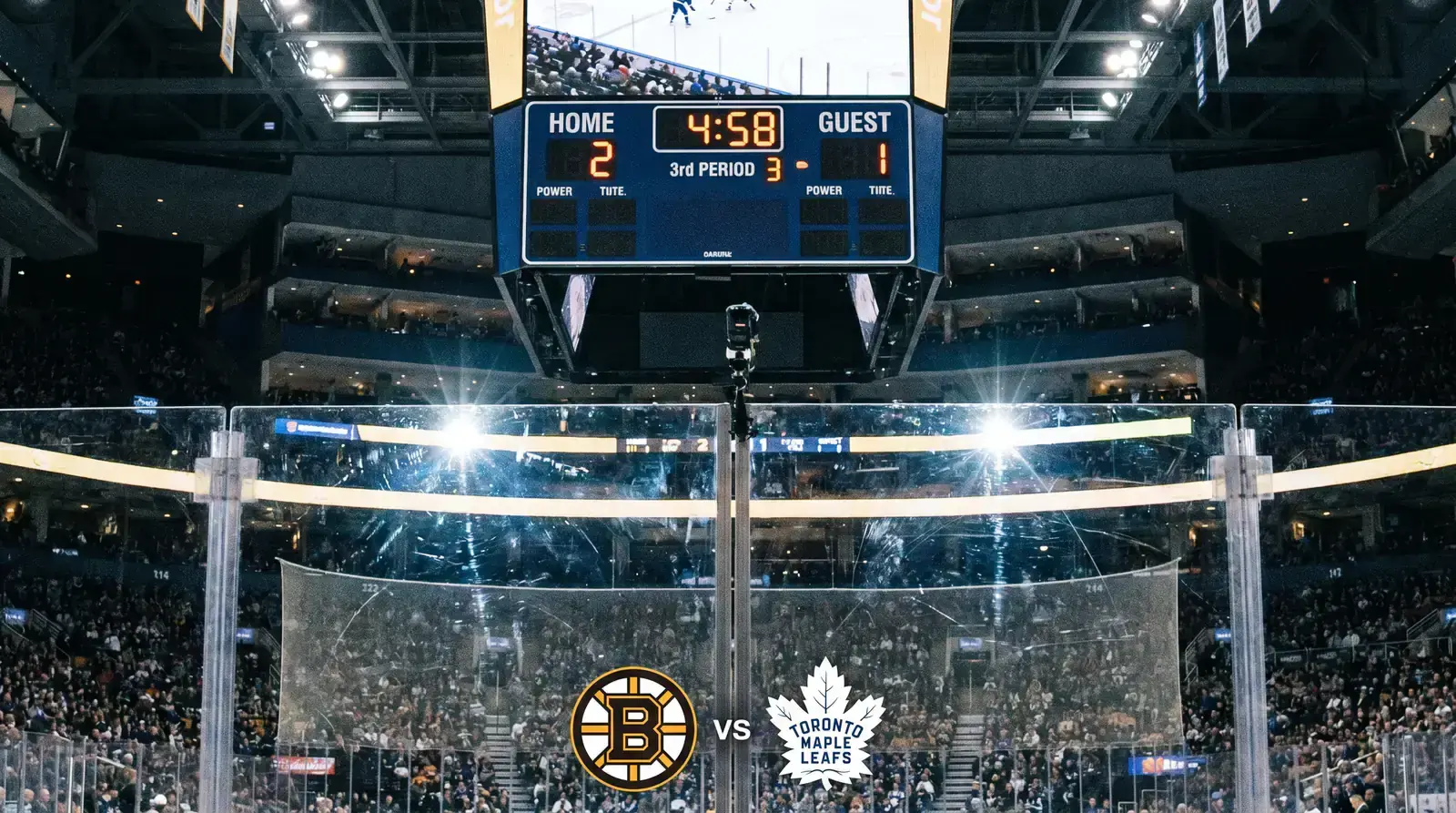 Ice hockey arena scoreboard showing a one-goal margin relevant to puck line handicap betting