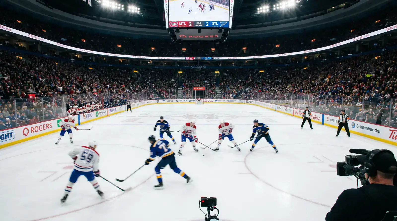 Ice hockey rink during a fast-paced NHL game with fans watching the live action