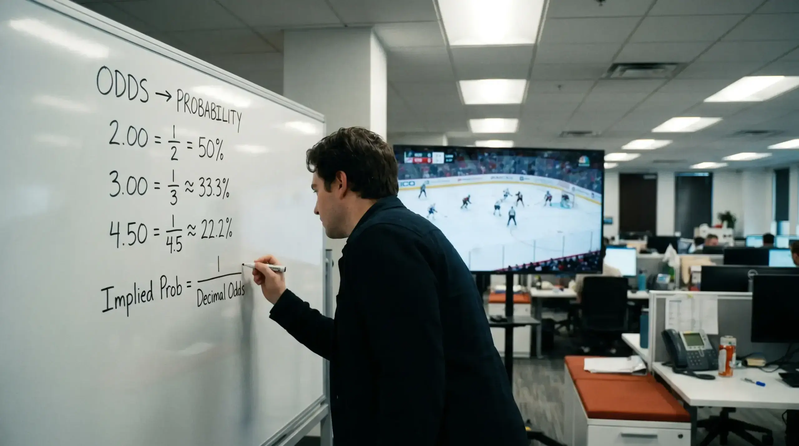 Notepad showing implied probability calculations for an NHL moneyline bet at decimal odds