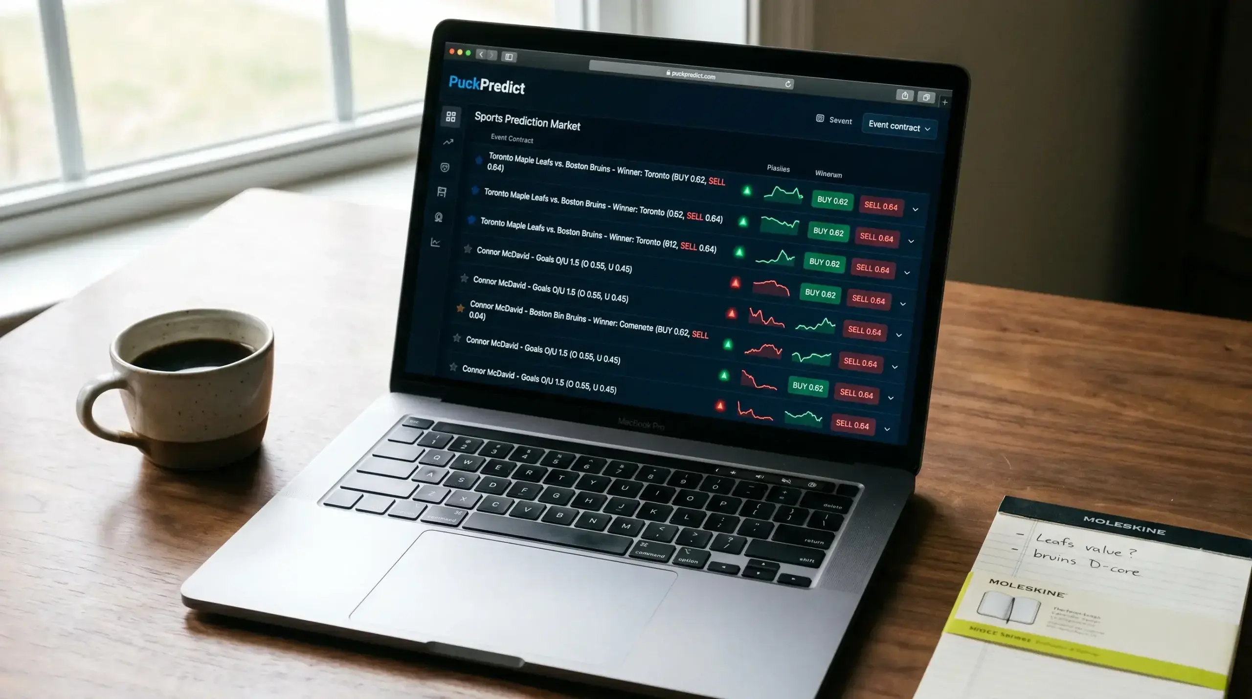 Kalshi prediction market interface showing NHL event contracts and pricing