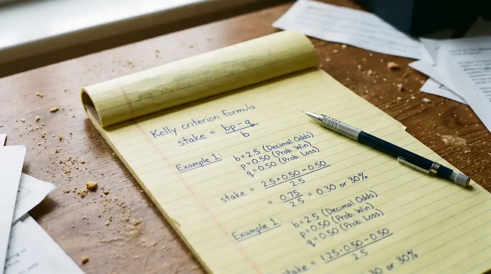 Kelly criterion formula written on a notepad beside hockey betting calculations
