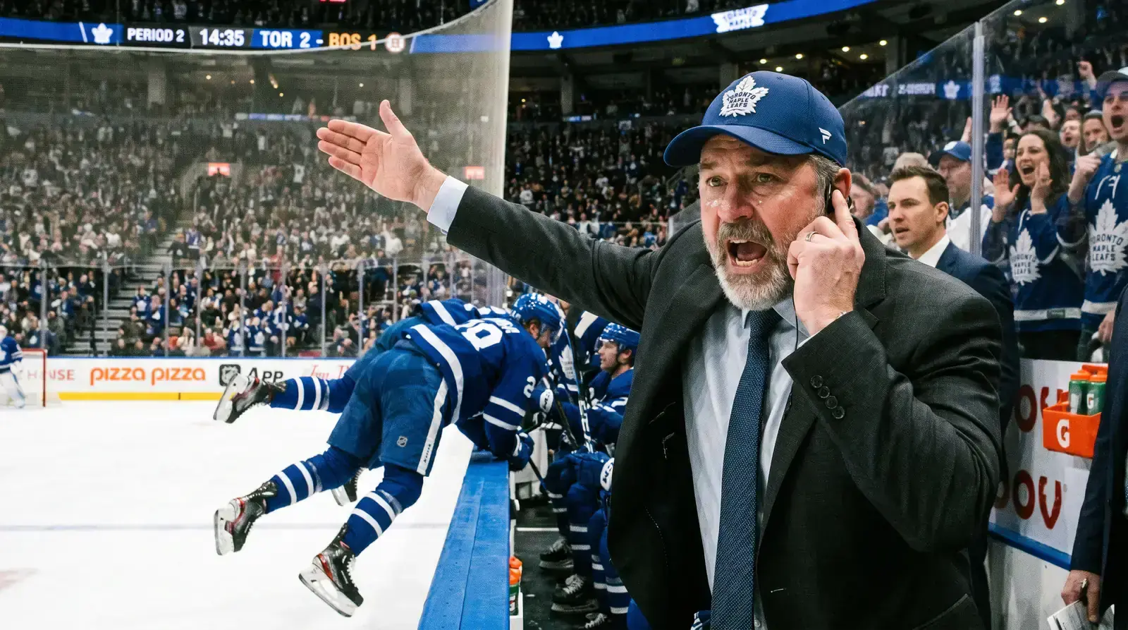 Hockey coach behind the bench directing a line change during a game