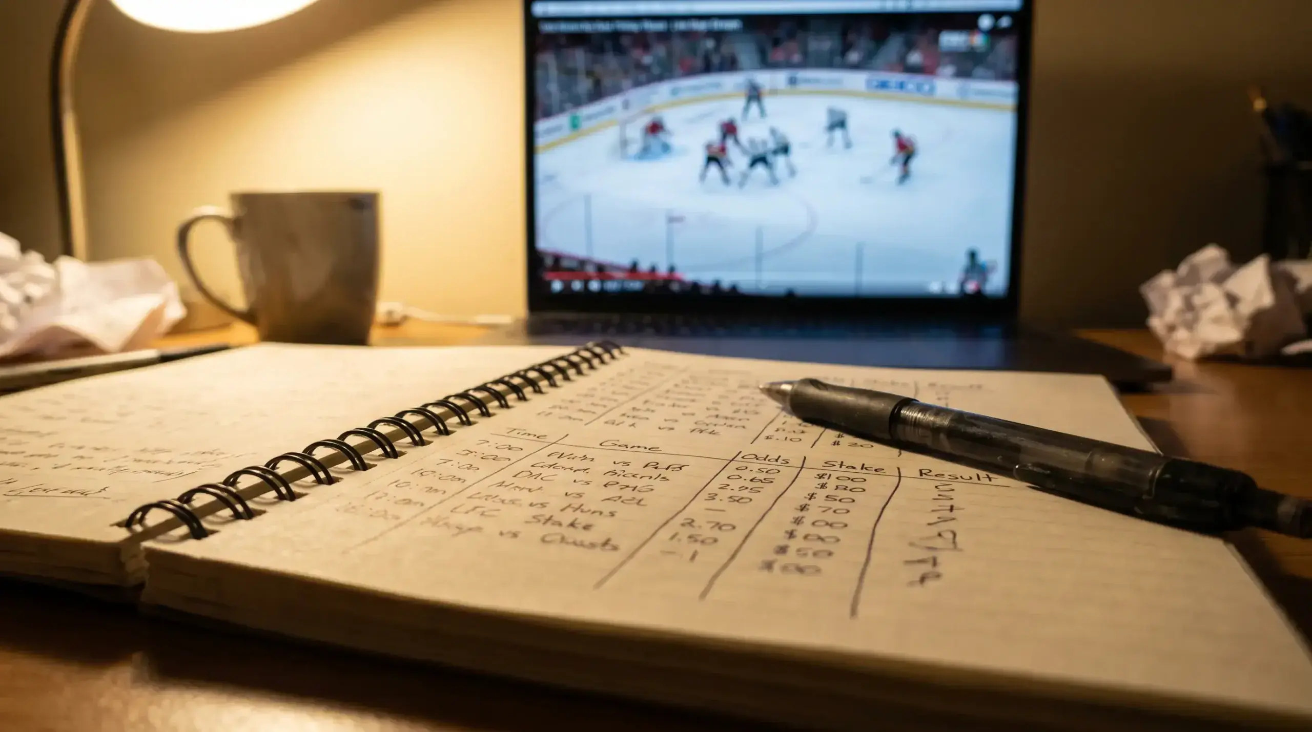 Notebook with a handwritten log of live hockey bets including time, odds and result columns