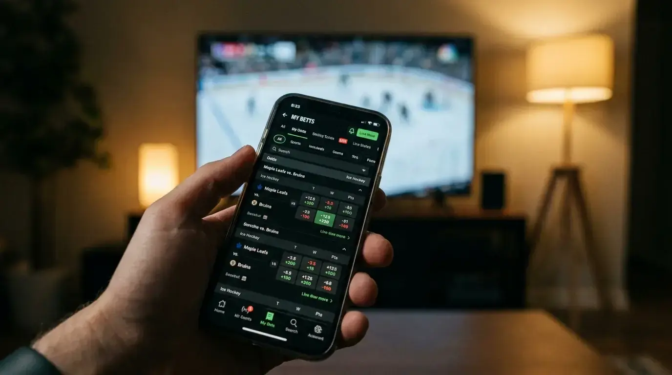 Mobile phone screen showing rapidly shifting live ice hockey betting odds during an NHL game