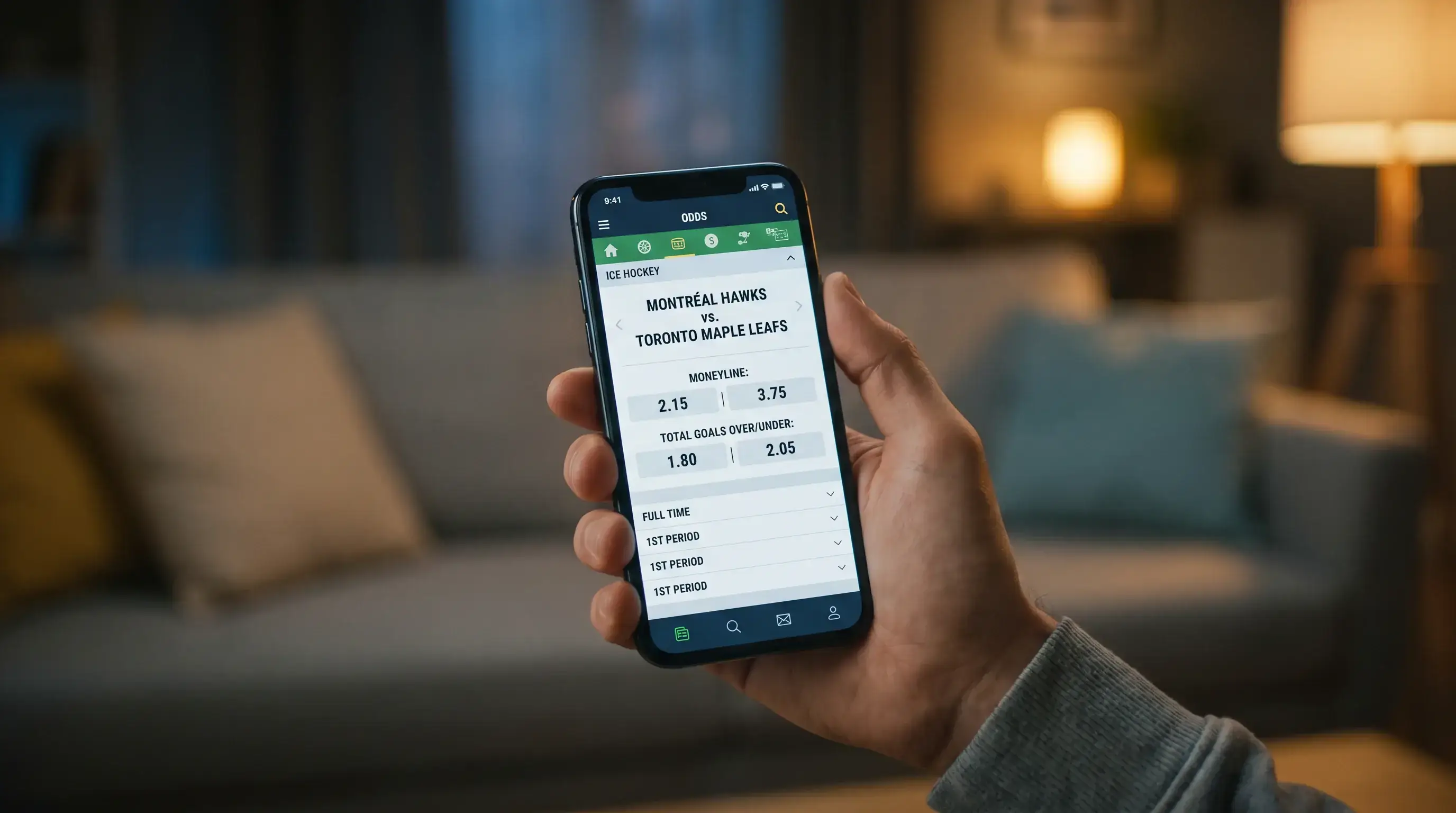 Mobile phone showing hockey odds comparison across bookmakers