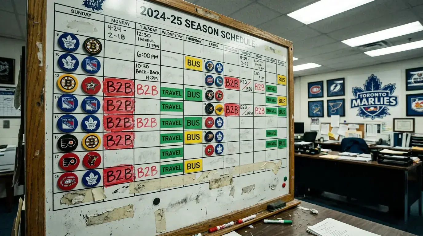 NHL schedule board highlighting back-to-back game stretches across a full season week