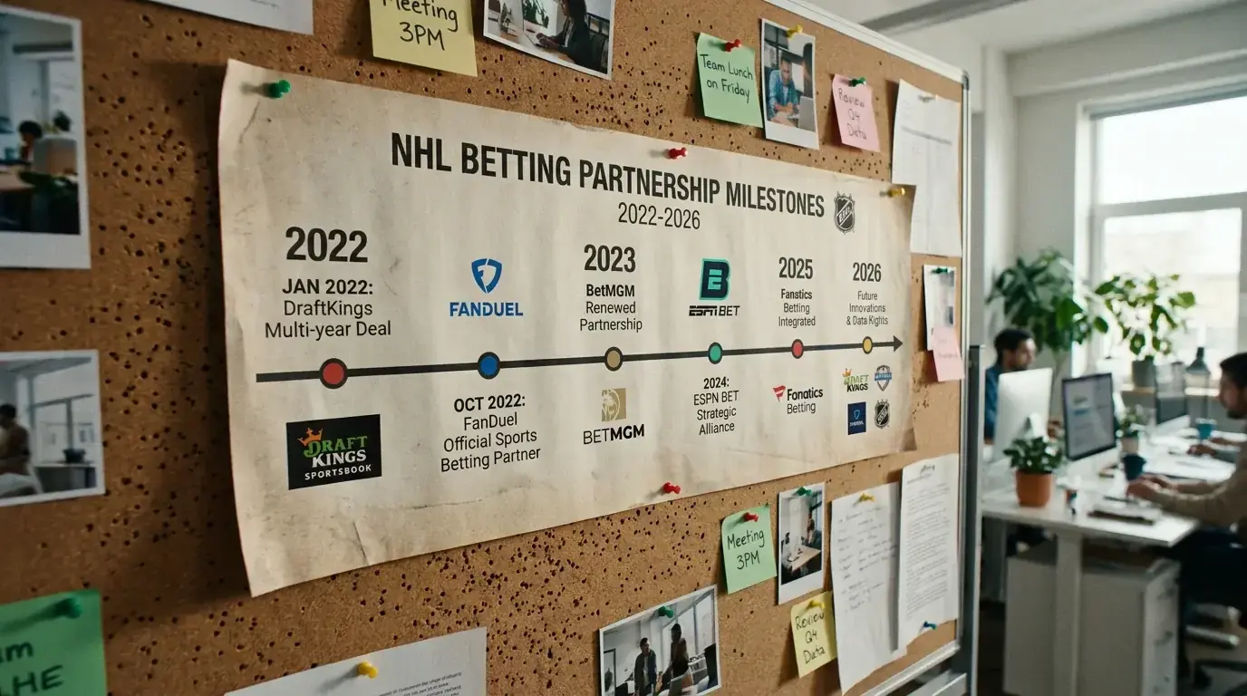 Timeline showing NHL betting partnership expansion from FanDuel through Kalshi deals