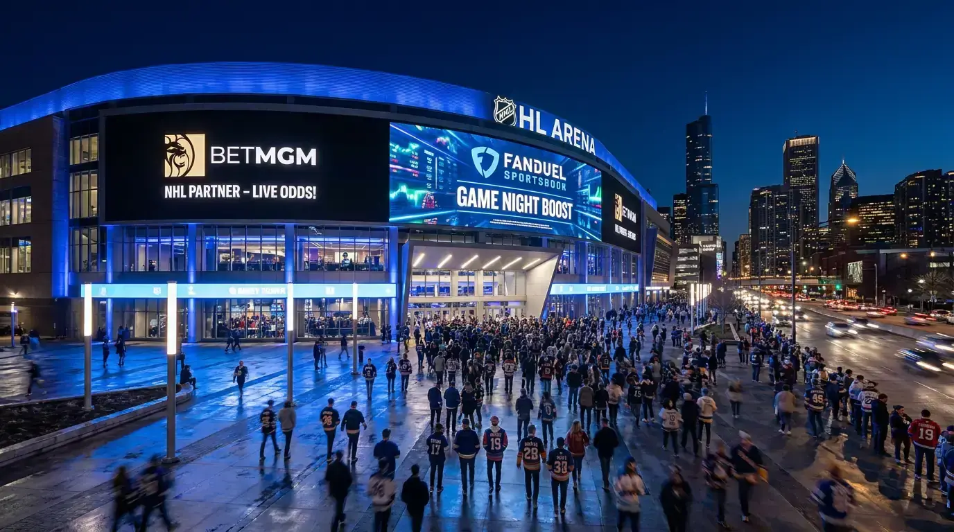 NHL arena with betting partnership branding and sportsbook integration displays
