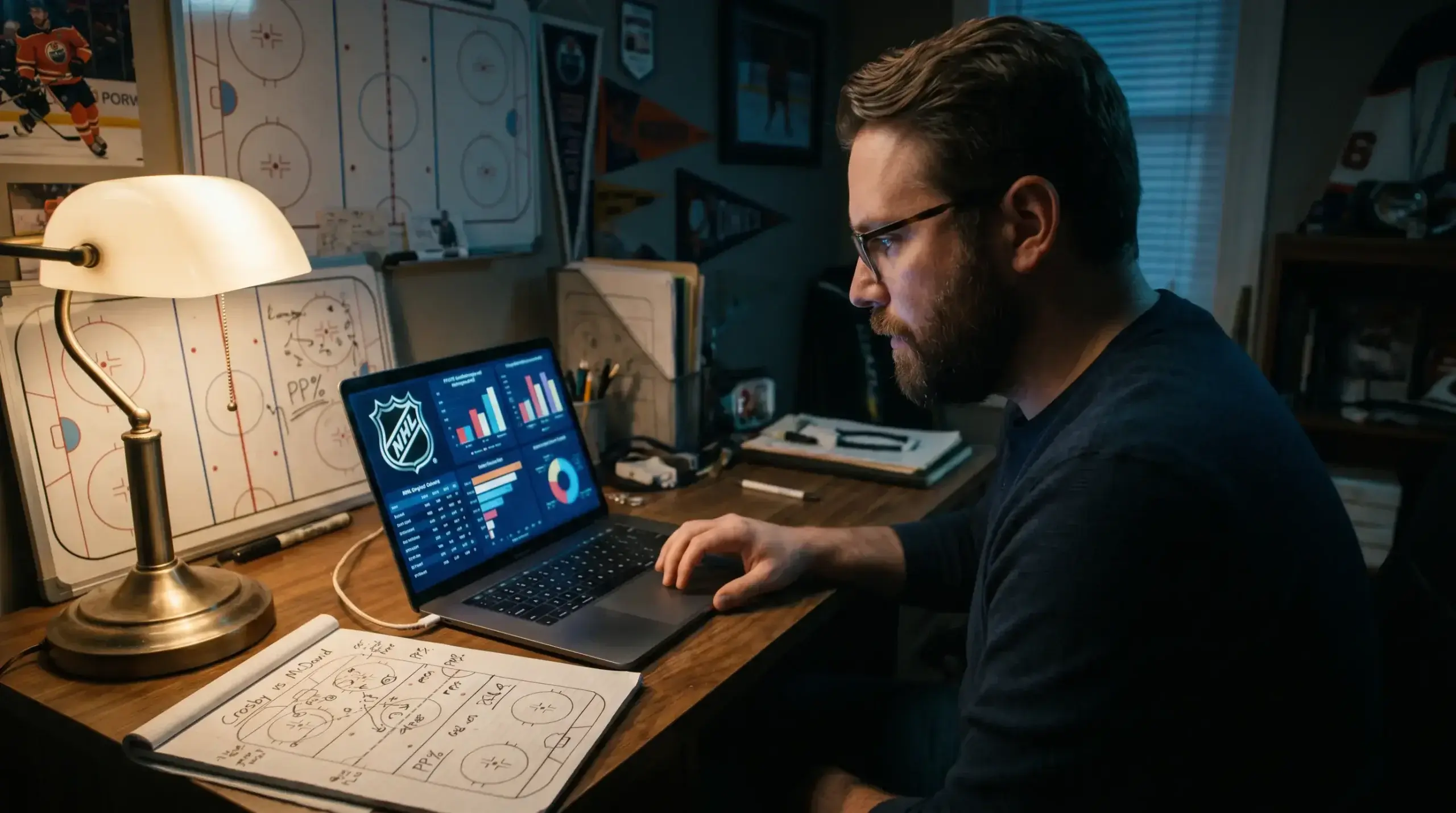 Ice hockey analyst reviewing NHL advanced stats and betting odds on a laptop screen
