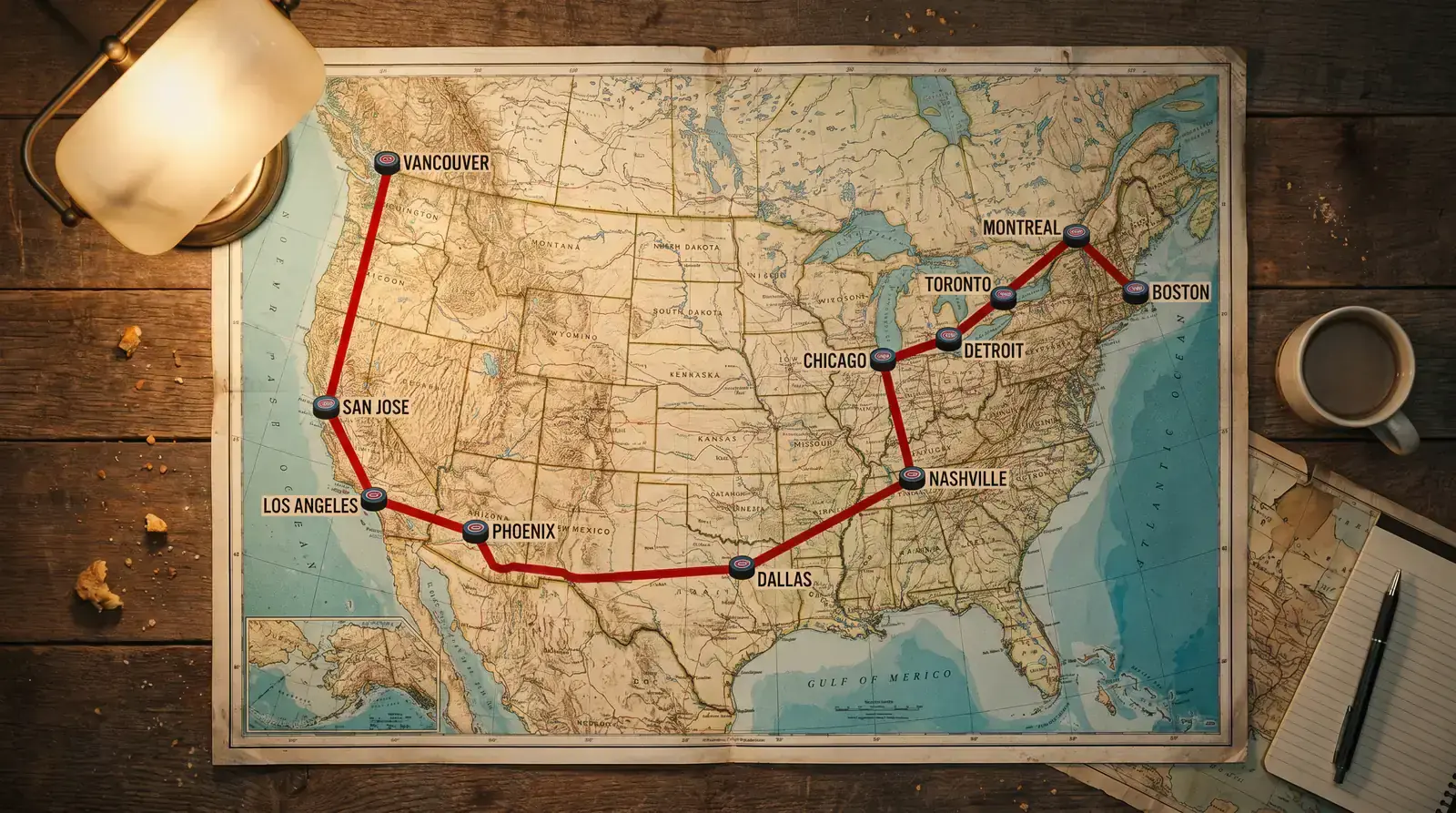 Cross-country NHL road trip route spanning multiple time zones on a map
