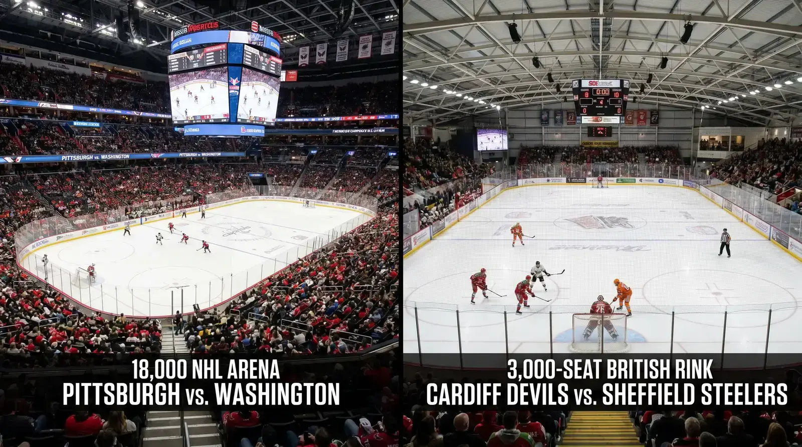 Large NHL arena interior contrasted with the intimate atmosphere of a British ice rink